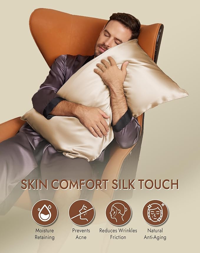 SilkSilky 100% Mulberry Silk Pillowcase - Pure 22 Momme High-Grade 6A Fibers for Hair & Skin, Envelope Closure, Natural, Organic, Breathable & Cooling Pillow Case (King, Beige)