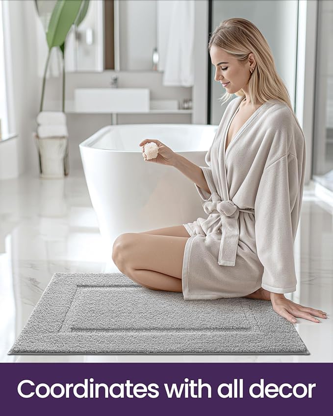DEXI Bathroom Rugs 24x16, Washable Non Slip Bath Mat for Shower Floor, Absorbent Quick Dry Bathmat with Rubber Backing, Ultra Soft Plush Carpet for Tub, Light Grey