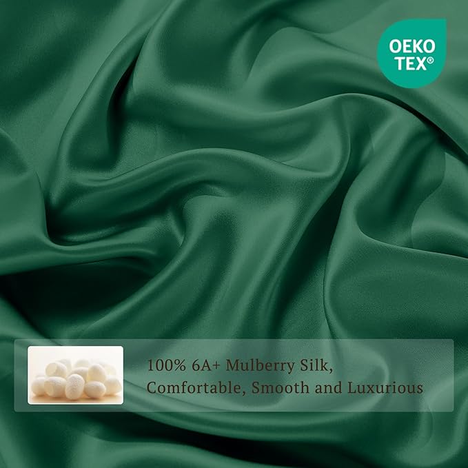 THXSILK 100% Pure Mulberry Silk Duvet Cover Set 3 Piece, 6A+ Grade Luxury Soft Bedding Silk Sheets for Hair and Skin, 1 Pcs Quilt/Comforter Cover with 2 Zippered Pillowcases (Emerald Green, King)