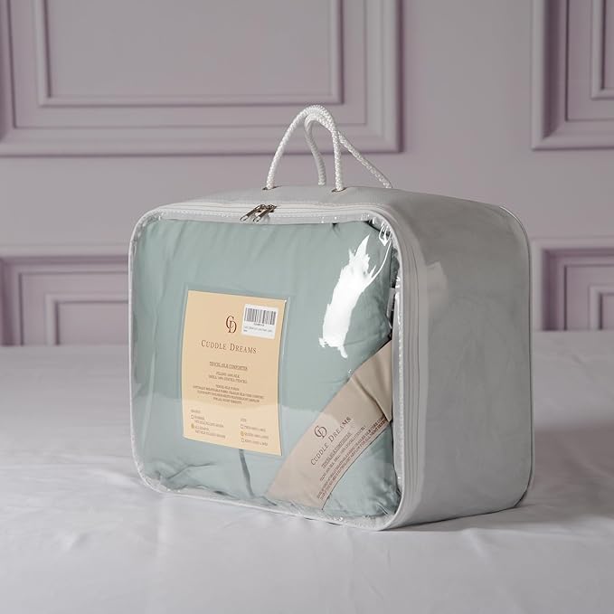 CUDDLE DREAMS Silk Filled Comforter for All Season, Detachable Tencel Duvet Cover for Easy Care, Naturally Breathable (Celadon, Queen)