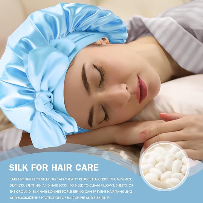Silk Bonnet for Sleeping Women, Adjustable Soft Satin Lined Bonnet with Tie Band, Double Layer Sleep Night Cap