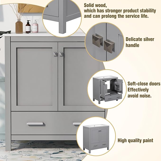 60" Bathroom Vanity Set with Double Vanities, Double Ceramic Sinks, Storage Shelf, Soft Closing Doors, Divided Drawers (Mirror not Included), Large Bathroom Vanity Sink Set (Grey)