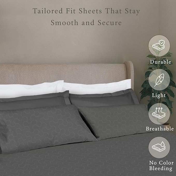 Threadmill 500 Thread Count Twin Size 3 Pc Luxury Cotton Bedding Set, Jacquard Floria Dark Grey, Breathable Sheets with 15" Elasticized Deep Pocket, 1 Pillowcase & Free Tote Bag