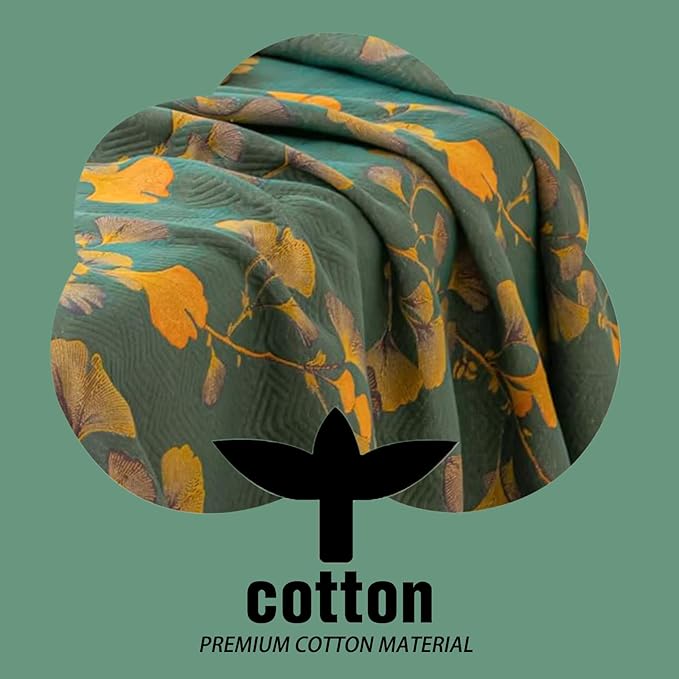 Ginkgo Leaf Cotton Quilt Dark Green Orange Reversible King Size Bedspread Coverlet for All Seasons Lightweight Muslin Quilt Throw Blanket for Bed, Couch