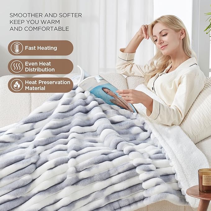 Westinghouse Electric Blanket Heated Throw, Super Cozy Luxury Faux Fur & Sherpa with 6 Heating Levels & 2-10 Hours Auto Off, Fast Heating & Overheat Protection, 50x60 Inch, Blue Gray