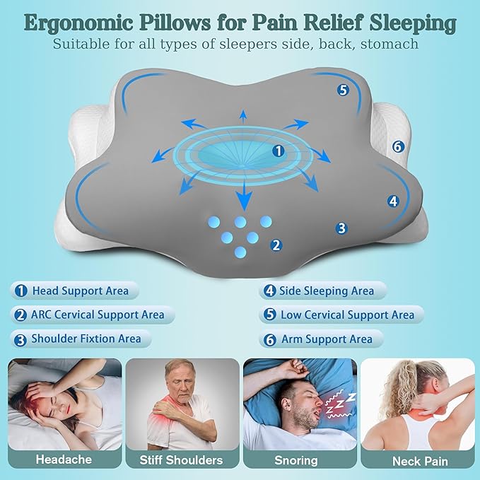 Cervical Neck Pillow for Pain Relief - Ergonomic Bed Pillow for Neck Support, Cooling Contour Orthopedic Memory Foam Pillows for Side Back Stomach Sleepers (Light Grey, Queen-23.2''Lx15.1''Wx4.7''H)