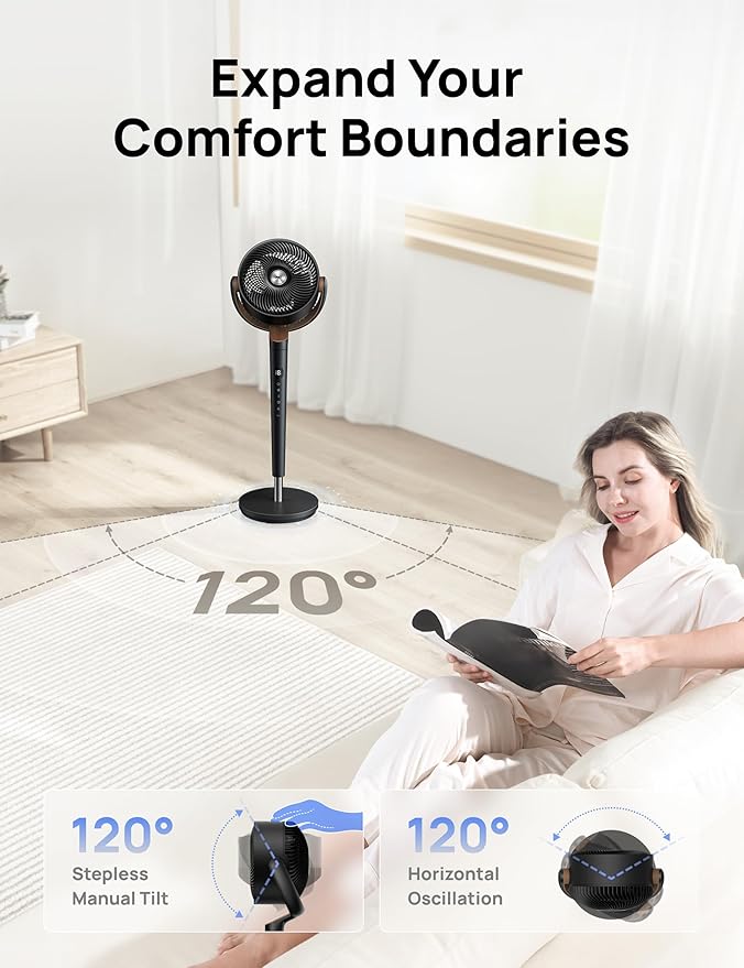 Dreo Fan for Bedroom, 120° Oscillating Standing Fan, Quiet Floor Fan with DC Motor, Pedestal Fan for Room, 9 Speeds, 4 modes, 20dB, 120° Manual Vertical, 37-42" Adjustable Height, 9H Timer, Black