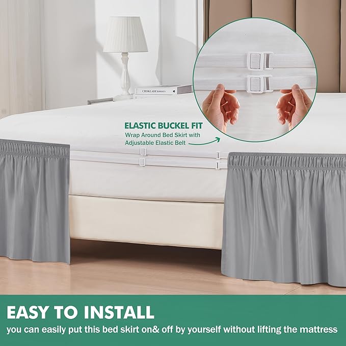 Biscaynebay Wrap Around Bed Skirts with Split Corners for Full Beds 18" Drop, Silver Grey Adjustable Elastic Dust Ruffles Easy Fit Wrinkle Resistant Silky Luxurious Fabric Machine Washable
