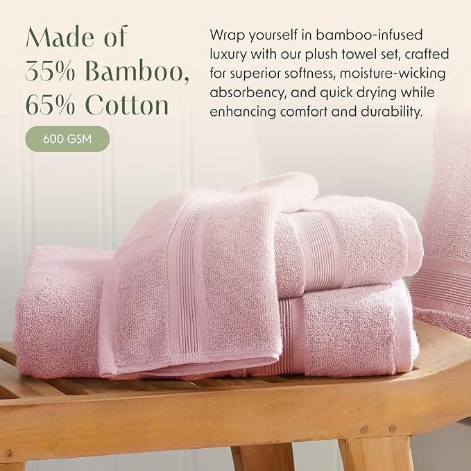 Springtree Home Luxury Bamboo Rayon Bath Towel Set of 4 | 35% Bamboo Rayon - 65% Cotton | Absorbent Quick-Dry Towels for Bathroom | Oeko-TEX Standard 100 Cotton | Pink Shadow
