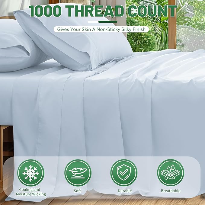 1000 Thread Count Egyptian Cotton Sheets Queen Size Set Sateen Weave Soft Breathable 16-Inch Deep Pocket 4PCS（Queen,Light Blue）