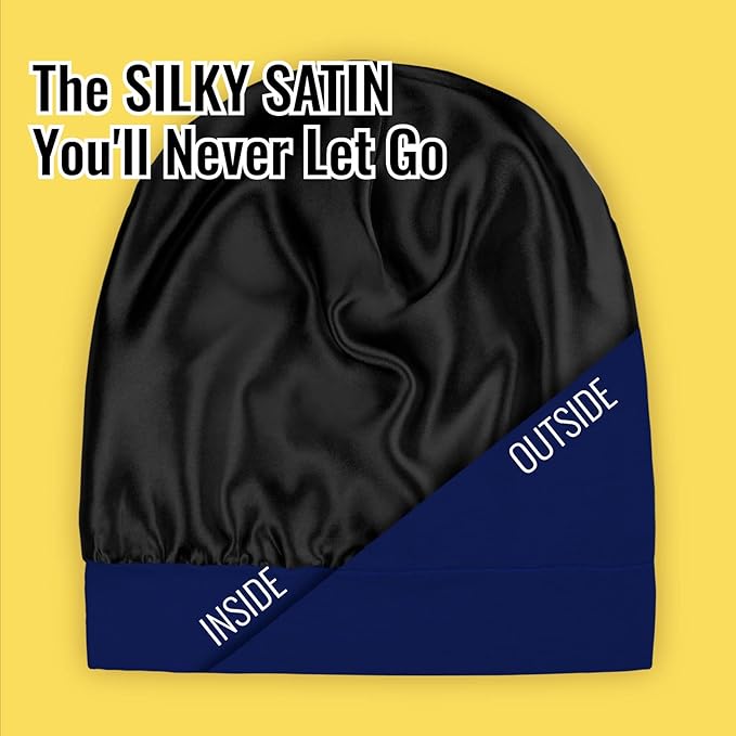 Satin Lined Sleep Cap Bonnet for Curly Hair and Braids, Stay On All Night Hair Wrap with Adjustable Strap for Women and Men, Navy Blue, Pack of 1