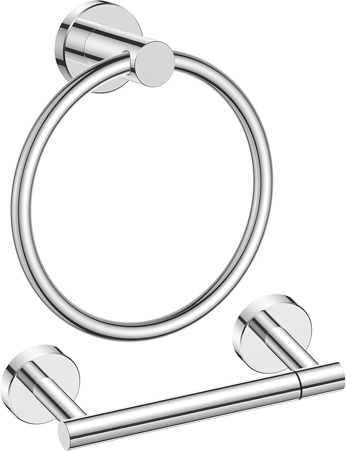 FORIOUS Toilet Paper Holder Wall Mount, SUS304 Stainless Steel Double Post Pivoting Tissue Roll Holder and Hand Towel Ring Set for Bathroom, RV, Bathroom Hardware Accessories Set, Chrome