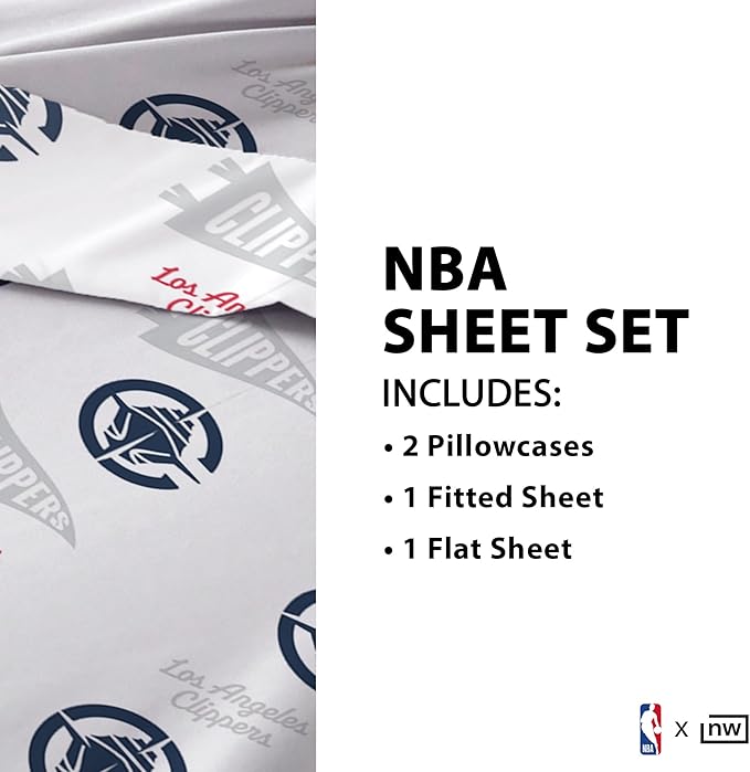 Northwest Officially Licensed Los Angeles Clippers NBA Full Size Sheet Set – Soft Team Logo Bedding for Dorms, Bedrooms, Fan Caves & Game Day Style