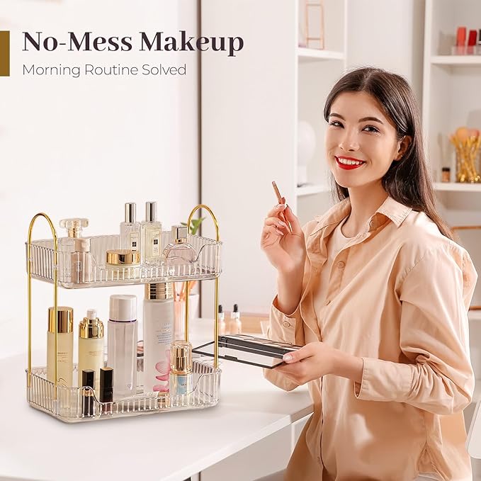 Aveniee Bathroom Counter Organizer, 2 Tier Perfume Skin Care Countertop Storage Shelf, Vanity Makeup Tray for Cosmetic Skincare Lotion,Clear