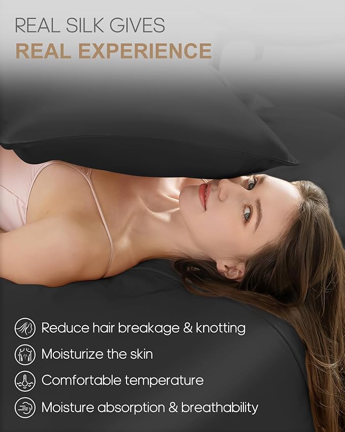 THXSILK 100% Pure Mulberry Silk Pillowcase for Hair and Skin, 22 Momme Grade 6A+ Mulberry Silk Pillow Case, Hypoallergenic Pillow Case Cover with Zipper, 1pc(California King Size 20"x40", Black)