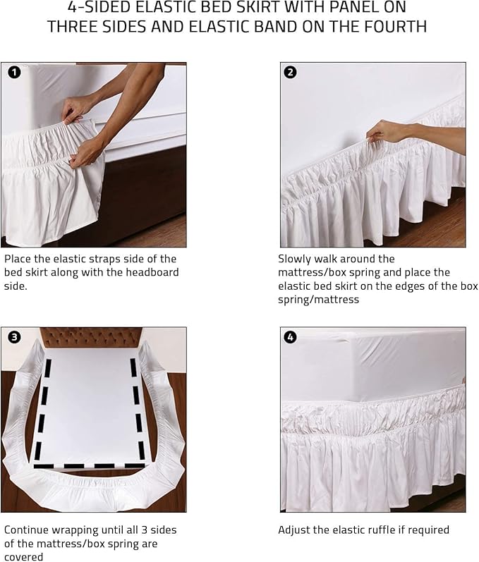 MEILA Wrap Around Bed Skirt Three Fabric Sides Elastic Dust Ruffled 24 Inch Tailored Drop,Easy to Install Fade Resistant-White, Queen/King