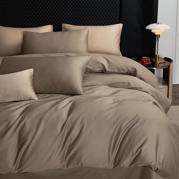 MooMee Duvet Cover Set 100% Extra Long Staple Cotton 600 Thread Count Silky Sateen Smooth Luxury Soft Breathable Durable Hotel Quality Bedding, 3 Pieces (Mocha Brown, King 104"x90")