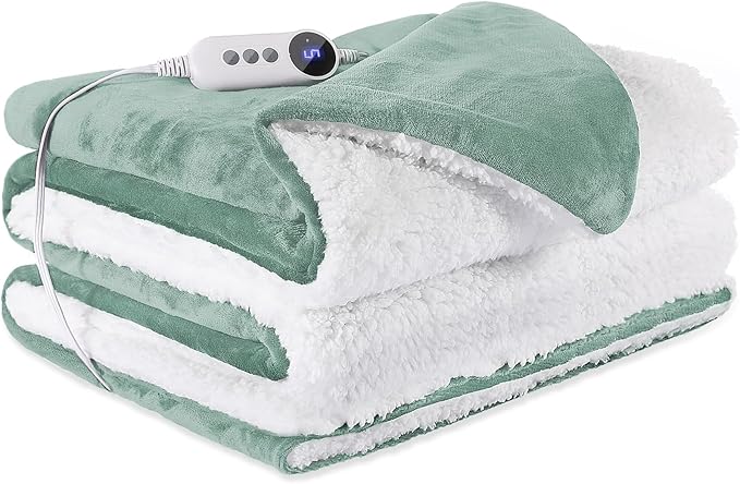 Electric Heated Blanket Throw 50"x60" - Soft Cozy Flannel & Sherpa Fabric Dual-Sided, 9 Heat Settings & 2-10 Hours Auto Off, Warming Heated Throw for Home Office, Machine Washable, Green