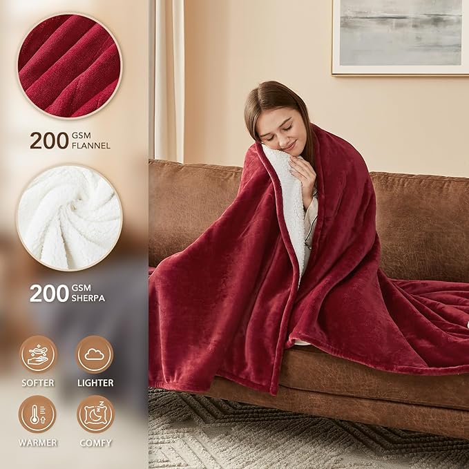 Homemate Heated Blanket Electric Throw - 50"x60" Heating Blanket Throw 1/2/4/6/8 Hours Auto-Off 10 Heat Level Over-Heat Protection Flannel Sherpa ETL Certification