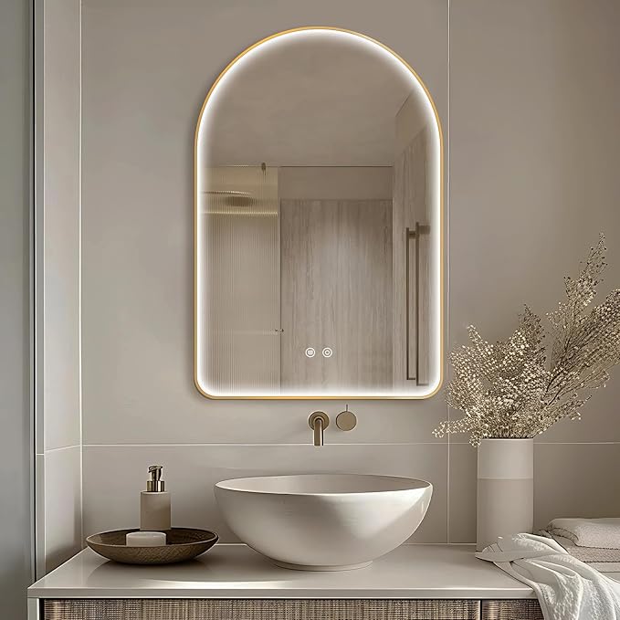 Niccy Arched LED Bathroom Mirror, 32"x20" Gold Framed Arch Wall Lighted Mirrors, Arching Frontlit Vanity-Mirror with Memory Function for Bathroom Bedroom, Defogger and 3 Color, Explosion-Proof