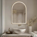 Niccy Arched LED Bathroom Mirror, 32"x20" Gold Framed Arch Wall Lighted Mirrors, Arching Frontlit Vanity-Mirror with Memory Function for Bathroom Bedroom, Defogger and 3 Color, Explosion-Proof