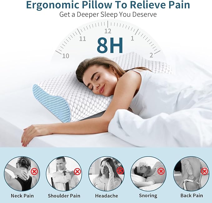 Cervical Neck Pillow for Pain Relief, Ergonomic Contour Memory Foam Pillows, Cooling Side Sleeper Pillow for Sleeping