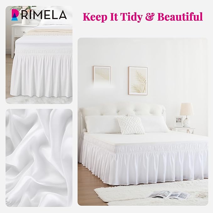 RIMELA White Bed Skirt Queen Size 12 Inch Drop, Elastic Bed Skirting for Bed Base and Frame, Bedding Dust Ruffle Easy to Install, Lightweight Wrap Around Adjustable Bedskirt