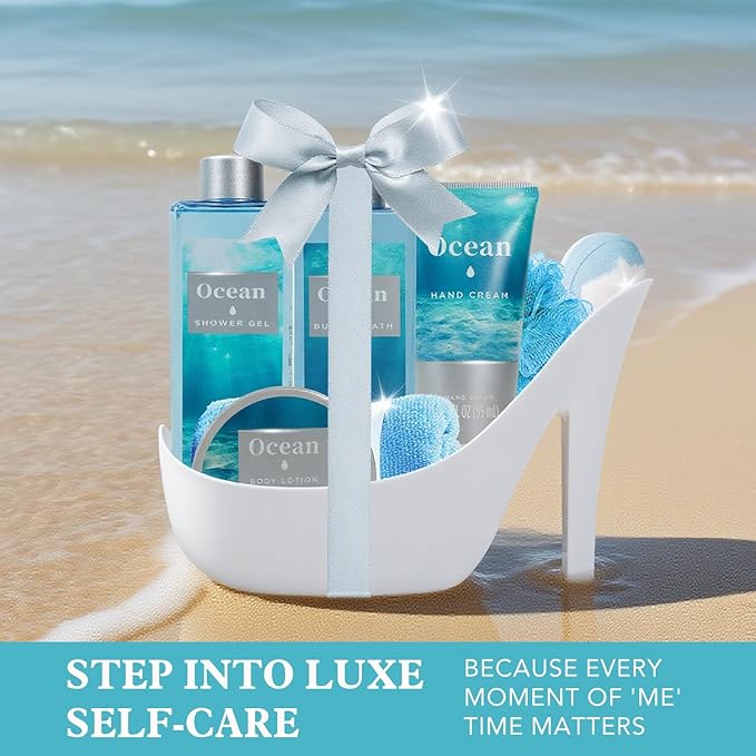 Ocean Bliss Christmas Gifts for Women Spa Basket, High Heel Bath Set with Sea Salt Scrub & Refreshing Gel, Birthday, Anniversary Gifts for Her, Best Friend, Sister