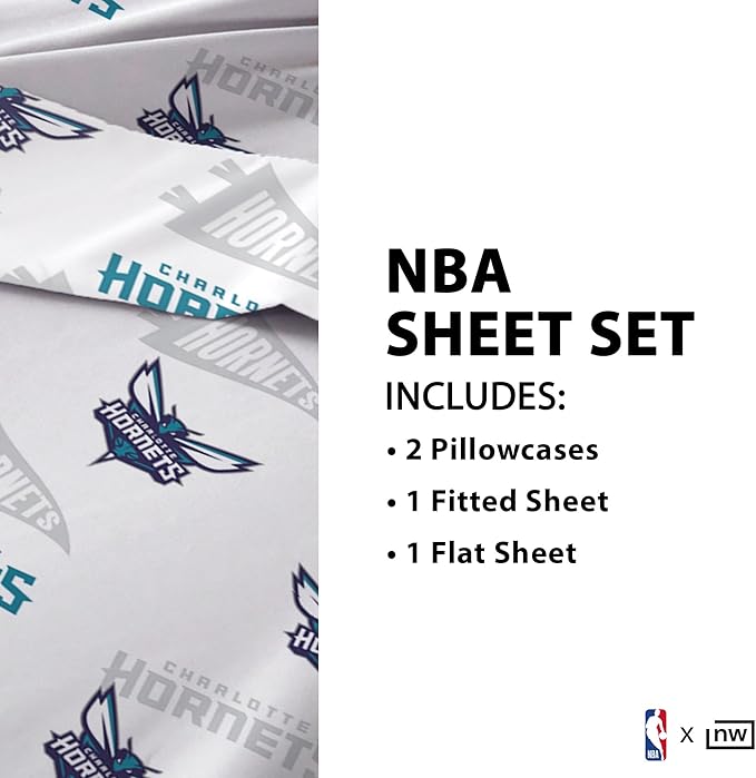 Northwest Officially Licensed Charlotte Hotnets NBA Full Size Sheet Set – Soft Team Logo Bedding for Dorms, Bedrooms, Fan Caves & Game Day Style