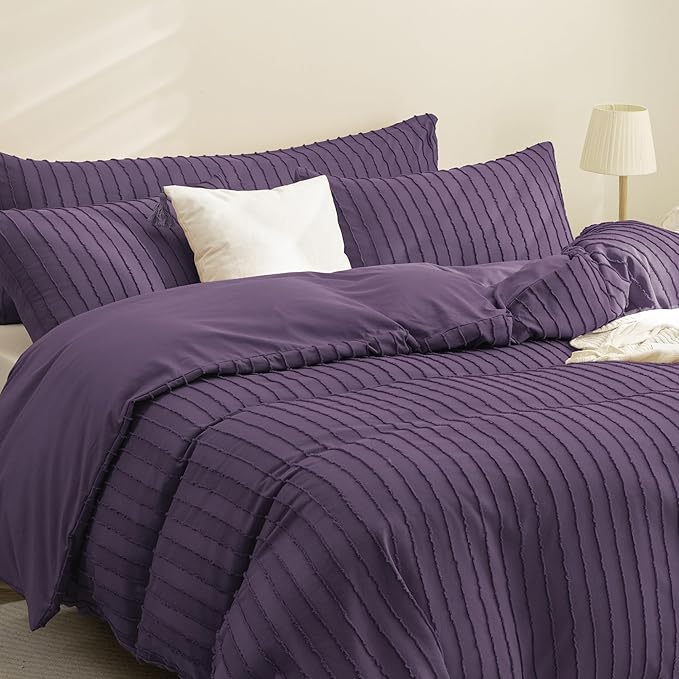JELLYMONI Duvet Cover Queen Size Purple - 3PCS Boho Striped Duvet Cover Set Polyester Tufted Bohemian Textured Comforter Cover 90×90in with Corner Ties & Zipper and 2 Pillowcases