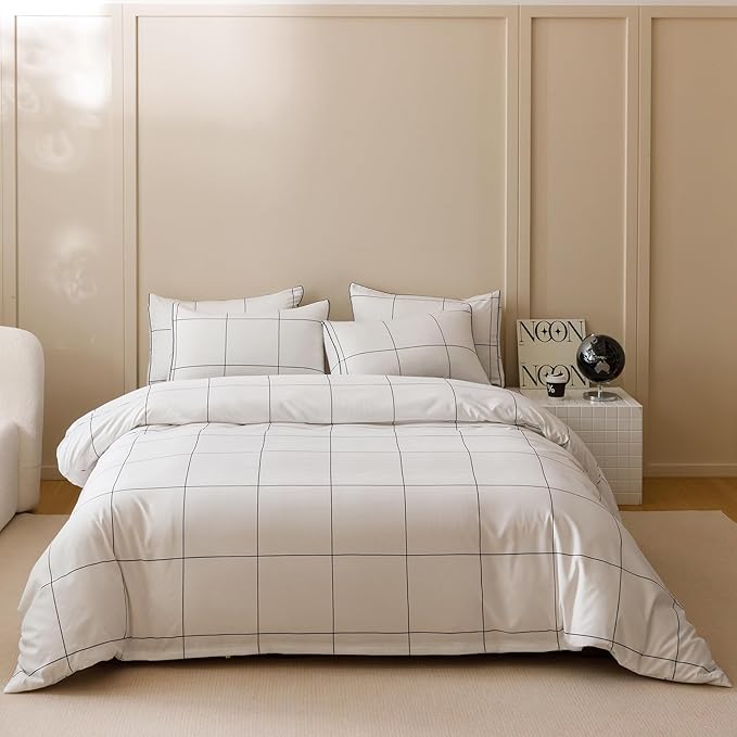 KAREVER White Grid Comforter Queen Women Black Square Lines Checkered Bedding Set Queen White Plaid Comforter Queen Size