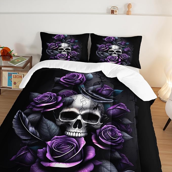 Death Skull Heads Queen Size Comforter Sets,Horror Themed Gothic Bedding for Kids Teens Boys Room Decor,Mysterious Floral Spider Western Comforter Sets with 2 Pillowcases.