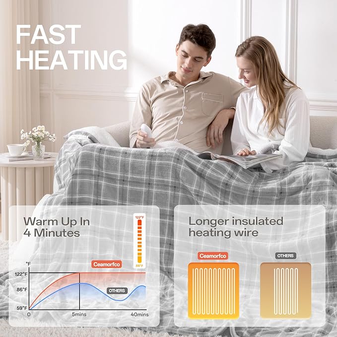 Heated Blanket Electric Twin, Heating Blanket with 8 Fast Heating Levels & 10 Hours Auto Shut-Off, Grey White Plaid Washable Warm Soft Flannel Blanket Gift for Couch Bed Office, ETL Certified
