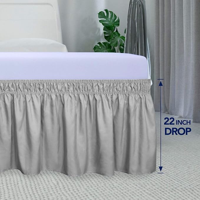 PureFit Wrap Around Ruffled Bed Skirt with Adjustable Elastic Belt - 22 Inch Drop Easy to Put On, Wrinkle Free Bedskirt Dust Ruffles, Bed Frame Cover for Twin,Twin XL and Full Size Beds, Light Gray