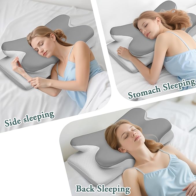 Cervical Neck Pillow for Sleeping,Memory Foam Pillows for Neck Pain Relief,Ergonomic Neck Support Contour Pillow for Side Back Stomach Sleepers,Orthopedic Breathable Pillowcase(Light Grey)
