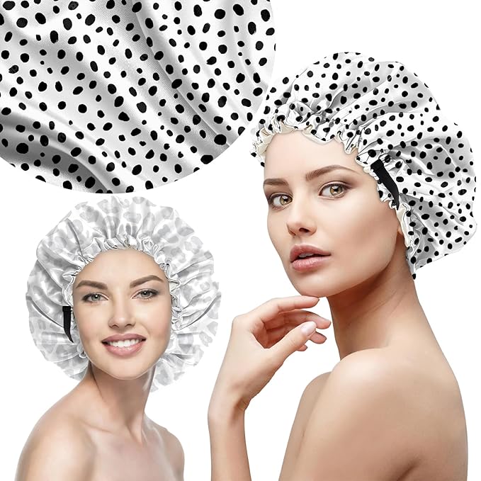 2 PCS Bonnets for Women Girls Satin Hair Bonnet Silk Adjustable Elastic Double Layer Hair Wrap Sleep Cap Comfort Cute-Leopard Spots