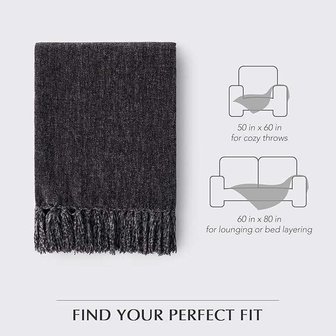 EVERGRACE Soft Chenille Throw Blanket for Couch, Cozy Plush Fuzzy Decorative Chenille Knit Throw Blanket with Tassels, Lightweight Blanket and Throws for Bed Sofa Gift Home Decor, Iron Black 50"x60"