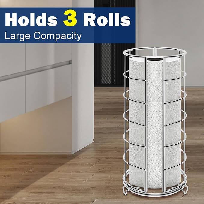 NearMoon Toilet Paper Organizer Stand, Free Standing 3 Rolls Tissue Storage, Metal Bathroom Accessory, Rustproof Toilet Roll Holder for Kitchen Countertop Inside Cabinet Shelf(Metal Base, Chrome)