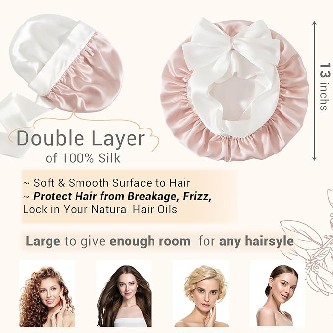 Non-Slip 100% Mulberry Silk Bonnet for Sleeping Women - Double Layer Silk Hair Wrap for Curly Hair, with Tie Bands to Secure the Cap (Pink+Ivory)