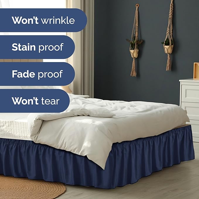 Wrap Around Dust Ruffle Bed Skirt - Navy Blue - for Full Size Beds with 12 Inch Drop - Elastic Strap - Adjustable Pleated Bedskirt with Brushed Fabric and Wrinkle Free - for Women, Men, Kids & Teens