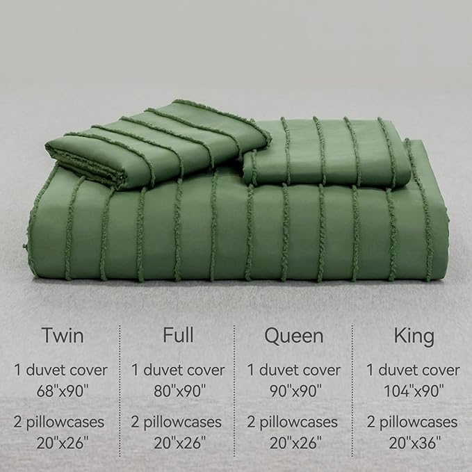 JELLYMONI Duvet Cover Queen Size Green and White - 3PCS Boho Striped Duvet Cover Set Polyester Tufted Bohemian Textured Comforter Cover with Corner Ties & Zipper Closure