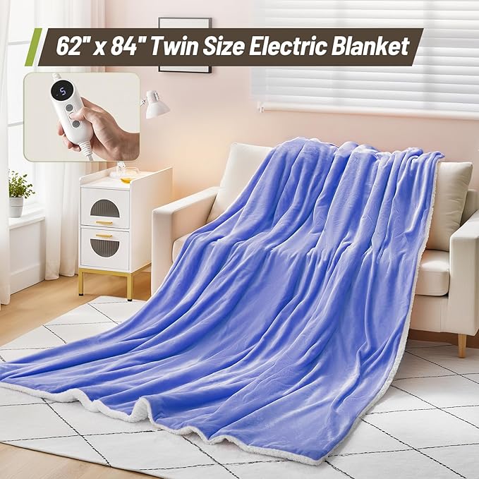Heated Blanket Twin Size 62" x 84" - Soft Flannel Sherpa Electric Blanket Twin with 9 Heating Levels & 2-10H Auto Off, Machine Washable, Warm Gift for Grandma, Purple