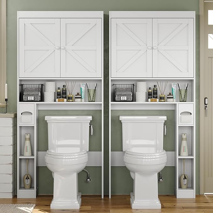 Furniouse Over The Toilet Storage Cabinet 32.3''W Wood Bathroom Storage Cabinet with Doors & Adjustable Shelves Free Standing Toilet Shelf, White