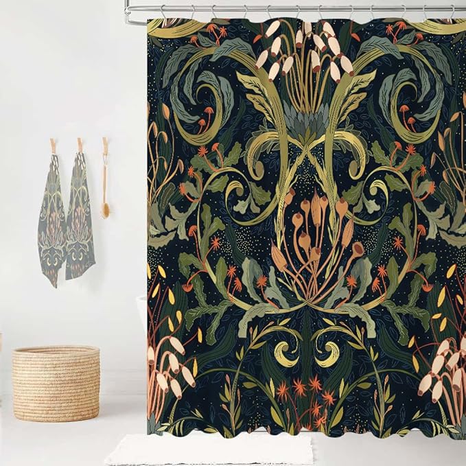 Vintage Black and Green Floral Shower Curtain Dark Bontanical Moss Bathroom Curtains Mid Century Bathroom Decor 72Wx72H Waterproof Polyester