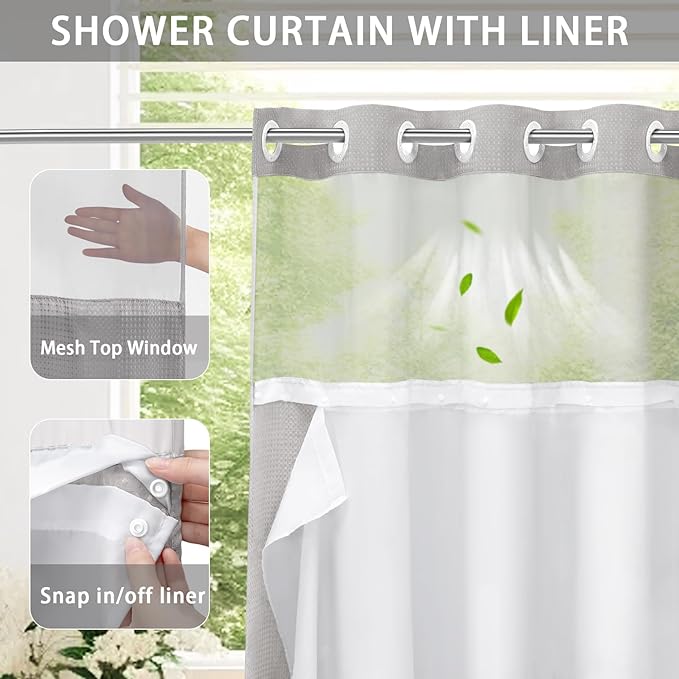 YellyHommy No Hook Shower Curtain with Snap in Liner Set Less Time Light Gray Waffle Shower Curtain for Bathroom 87" L x 72" W Light Grey
