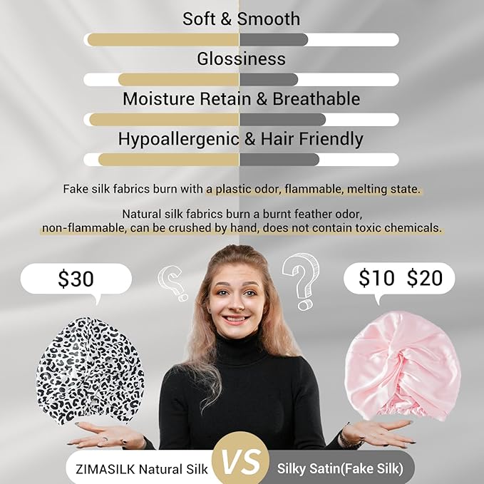 ZIMASILK 22 Momme 100% Mulberry Silk Bonnet for Sleeping & Women Hair Care, Highest Grade 6A Silk Hair wrap for Sleeping with Premium Elastic Stay On Head (1Pc, Leopard Black/White)