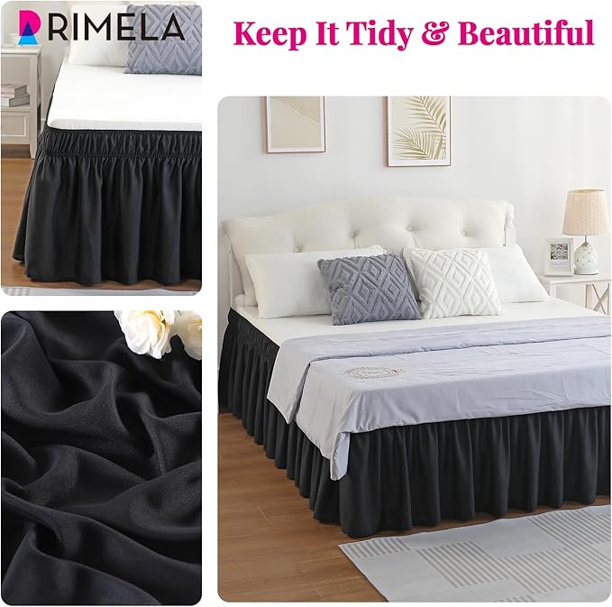 RIMELA Black Bed Skirt Queen Size 15 Inch Drop, Elastic Bed Skirting for Bed Base and Frame, Bedding Dust Ruffle Easy to Install, Lightweight Wrap Around Adjustable Bedskirt