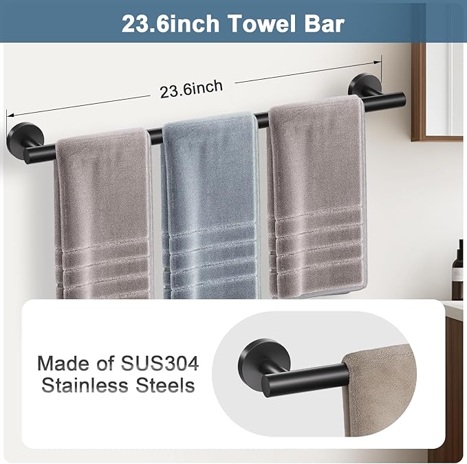 Matte Black Bathroom Hardware Set, 5 Pieces Black Towel Bar Bathroom Accessories Set, Upgraded Toilet Paper Holder with Shelf, 23.6 Inch Towel Rack Towel Holder for Bathroom Wall