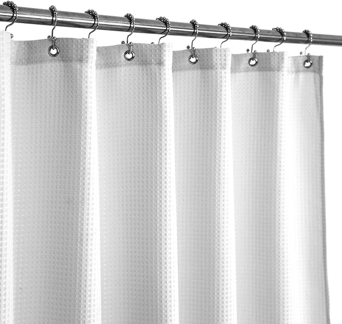 BAROSSA design XLong Fabric Shower Curtain with 96 inch Height, Waffle Weave, Hotel Luxury Spa, 230 GSM Heavyweight, Water Repellent, Machine Washable, White Pique Pattern Decorative Bathroom Curtain