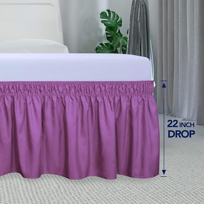 PureFit Wrap Around Ruffled Bed Skirt with Adjustable Elastic Belt - 22 Inch Drop Easy to Put On, Wrinkle Free Bedskirt Dust Ruffles, Bed Frame Cover for Queen, King and C-King Size Beds, Purple